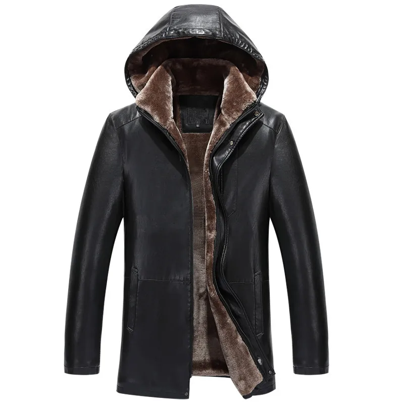 Winter Faux Leather Jacket Men Hooded Faux Fur Coat Flocking Warm Outwear Plus Size 3XL Solid