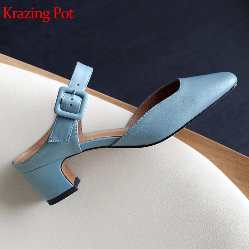 

Krazing Pot summer genuine leather square toe metal buckle decoration mules women superstar med heel holiday shallow sandals l20