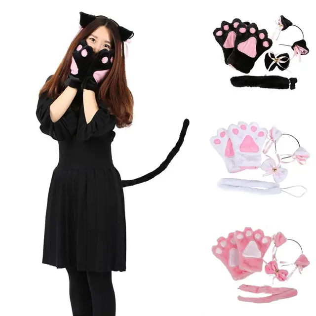 Anime Cute Cosplay Costume Cat Ears Plush Paw Claw Gloves Tail Bow