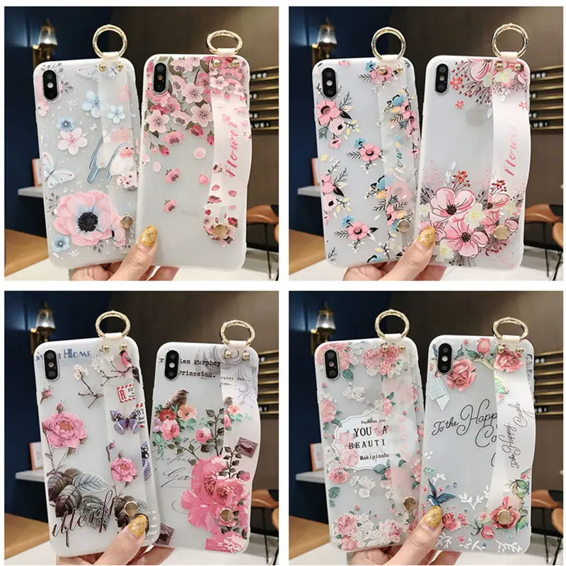 

Flowers Phone Case For iphone XS Max X XR 8 7 6 6S Plus Cover Wrist Strap Hand Band Cases Soft TPU Silicone Coque Stand Capa