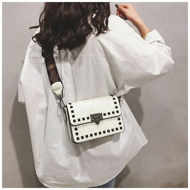 Women's Fashion Rivets Crossbody bag Luxury Brand PU leather Shoulder Bags Female Red Punk Style Wide Strap Street Handbag Purse (34)