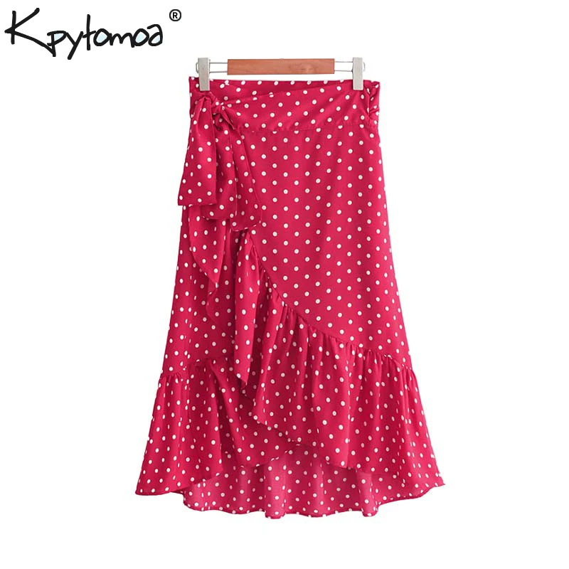 

Vintage Sweet Polka Dot Print Ruffled Wrap Midi Skirt Women 2019 Fashion A Line Bow Tie Pleated Skirts Casual Faldas Mujer