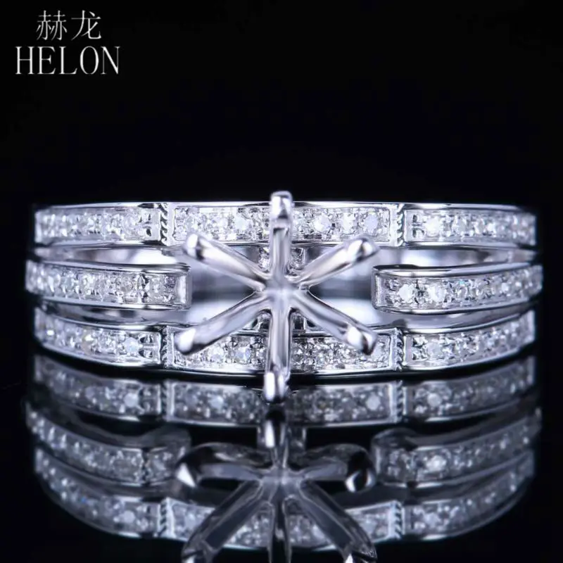 Helon 6 мм круглой огранки Роскошные проложить 0.22ct алмазы полу крепление Обручение и обручальное кольцо твердого 14 К белого золота для женщин