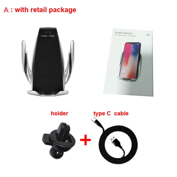 10W Wireless Car Charger S5 Automatic Clamping Fast Charging Phone Holder Mount in Car for iPhone xr Huawei Samsung Smart Phone
