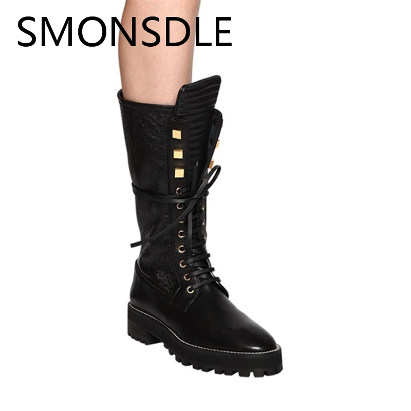

SMONSDLE New Fashion Autumn Winter Women Mid-calf Boots Black Genuine Leather Round Toe Lace Up Women Boots Tide Shoes Woman