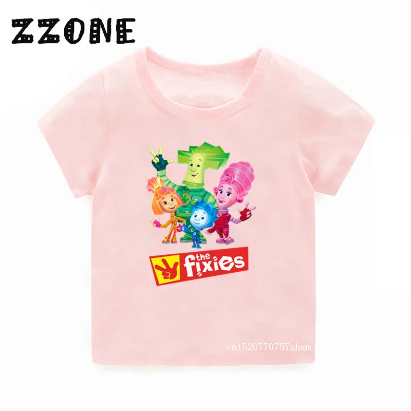 Детская забавная футболка с русским рисунком Фиксики летние топы для маленьких мальчиков и девочек, футболка с короткими рукавами милая детская одежда 5148A - Color: Modal Pink
