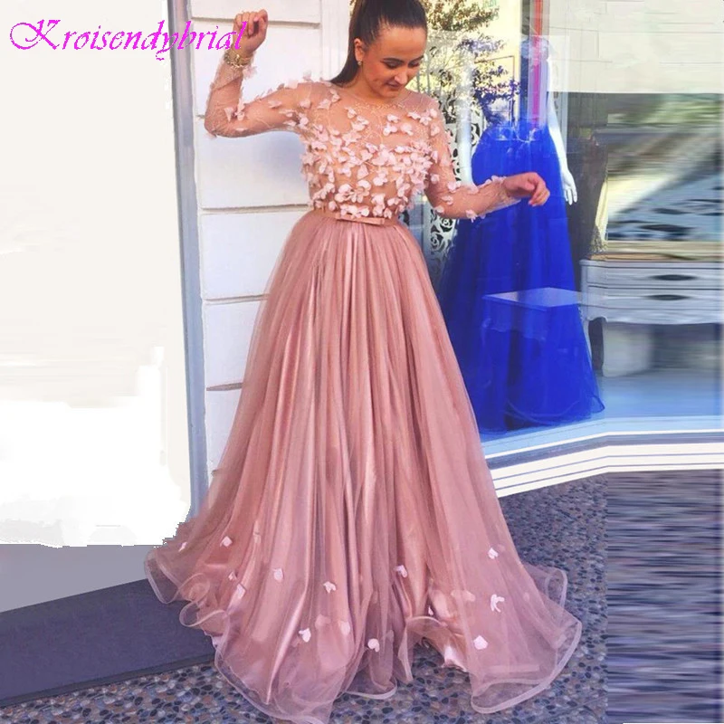 

DZW213 Blush Muslim Evening Dresses 2019 A-line Long Sleeves Tulle Flowers Elegant Long Formal Evening Gown