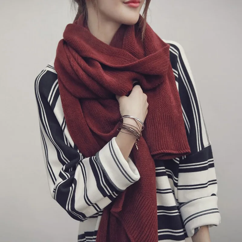 Корейская версия шерстяного шарфа женский зимний плотный длинный однотонный хлопковый и льняной вязаный студенческий теплый воротник