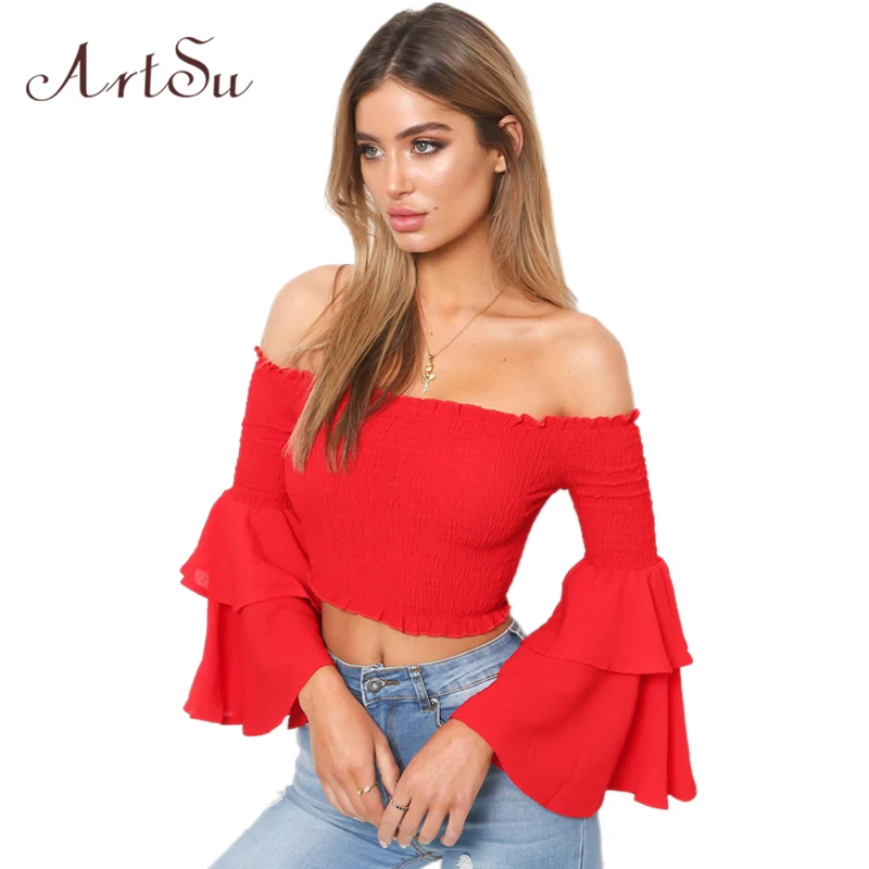 ArtSu de hombro de la Mujer Tops Sexy de Mujer blusa camisa manga de gasa blusas de moda Ropa de Mujer RASBL30124
