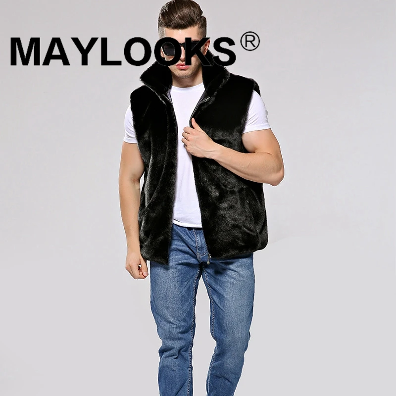 

Men's Faux Fur Vest Jacket Black Warm And Comfortable Winter 2018 New Brand Maylooks Vertical Collar Zipper Casual Hn115-1