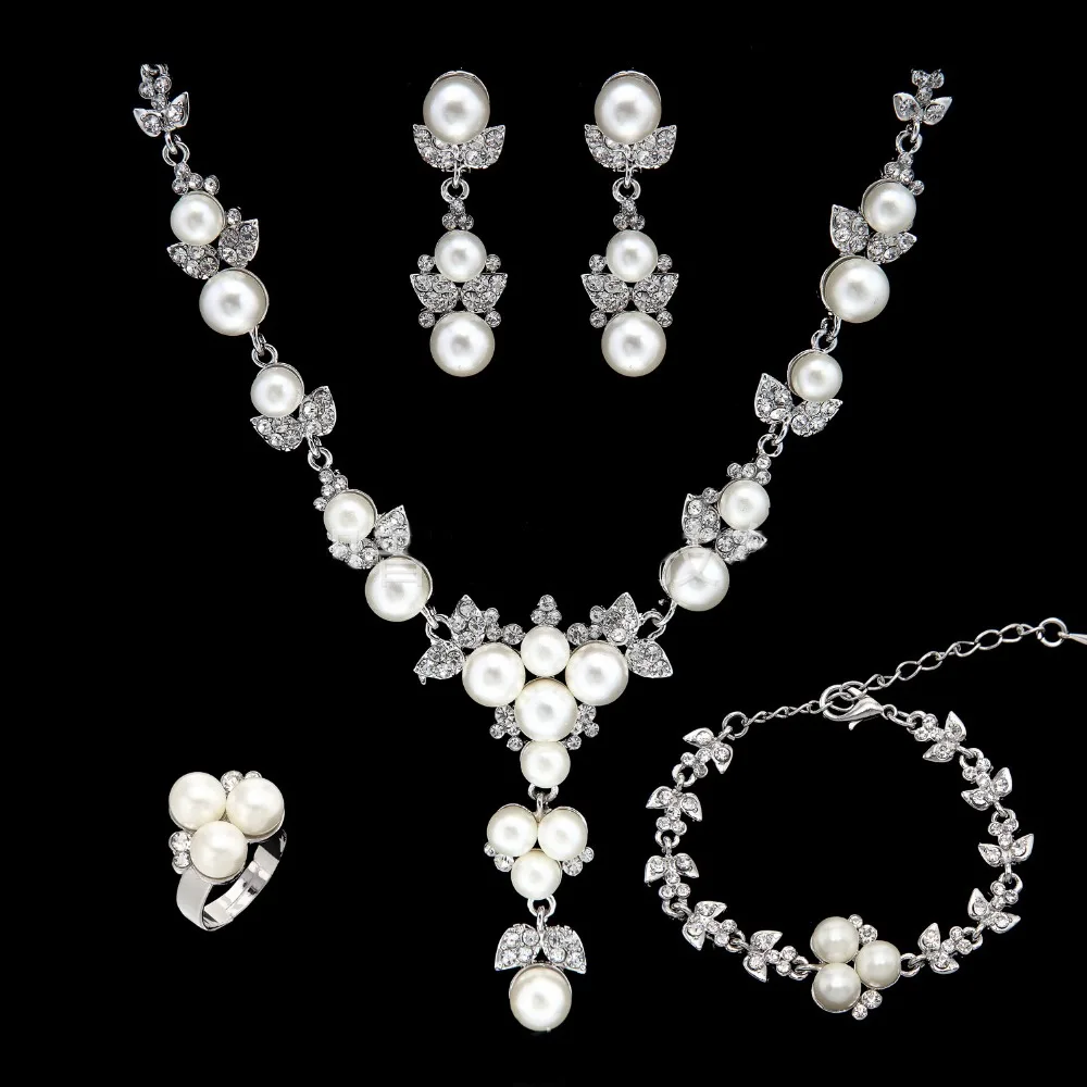   Simulado Perola Nupcial Conjuntos de Joias de PrataOuro-Cor Colar Set Casamento Joias Parure Bijoux Femme (2)