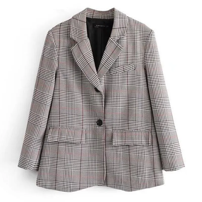 Chic Notched Collar Contrast color Shoulder pads Plaid Blazer 2018 Woman Slim fit Loose Suit