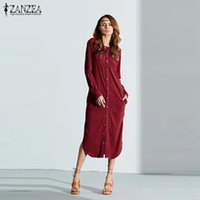 2016 Fall ZANZEA Women Long Maxi Cotton Dress Female Casual Loose Long Sleeve Side Split Elegant Solid Dress Vestidos Plus Size