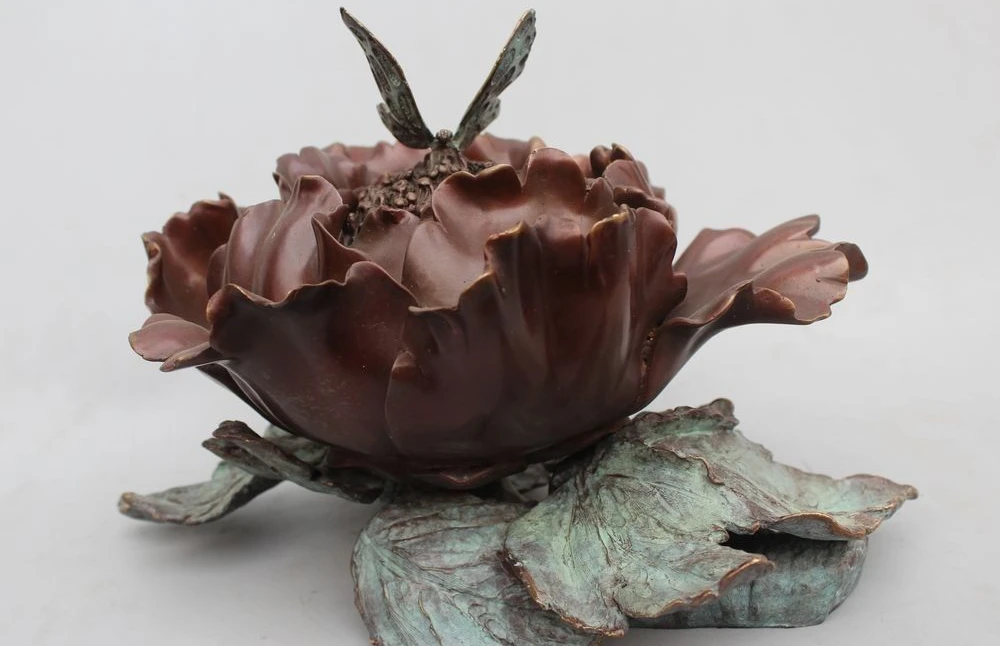

8" China Chinese Royal Pure Bronze Copper Art dragonfly collect nectar Flower
