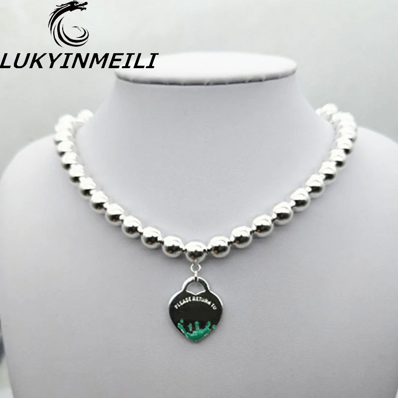 

TIFF 1:1 s 925 sterling silver necklace 8 mm beaded heart-shaped green enamel pendant fashion trend women's fresh European style