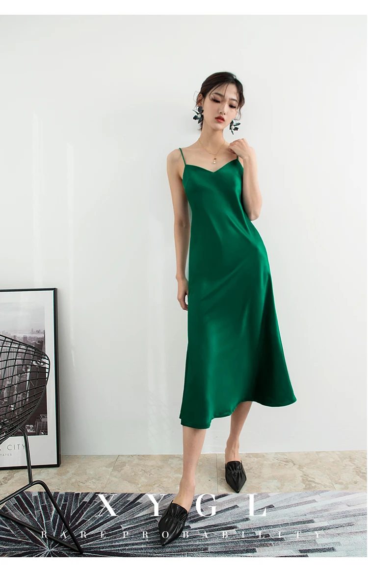 Cakucool Summer Satin Slip Dress Spaghetti Strap Vintage Slim Vestido Brief Elegant Beach Mid Long Silk Dresses Sundress 5color