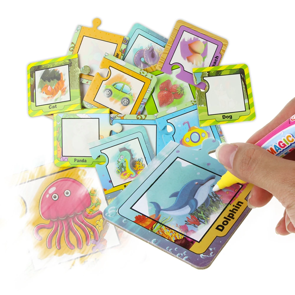 

4 Types Magic Doodle Cards with 1 Pen Reusable Painting Board Graffiti Cards Puzzle Water Drawing Toys Educational Toys for Kids