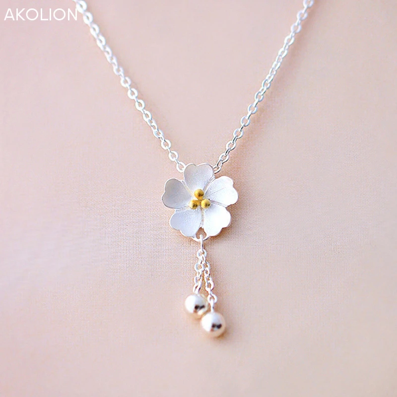 

AKOLION Silver 925 Sterling Silver Sakura Flower Necklaces & Pendants Cherry Blossoms With Chain Choker Necklace Jewelry Collar