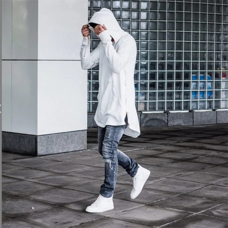 New Arrival Cotton High street Mens Hip Hop Longline Extend Hooded sweatshirt with side golden zipper justin bieber clothing
