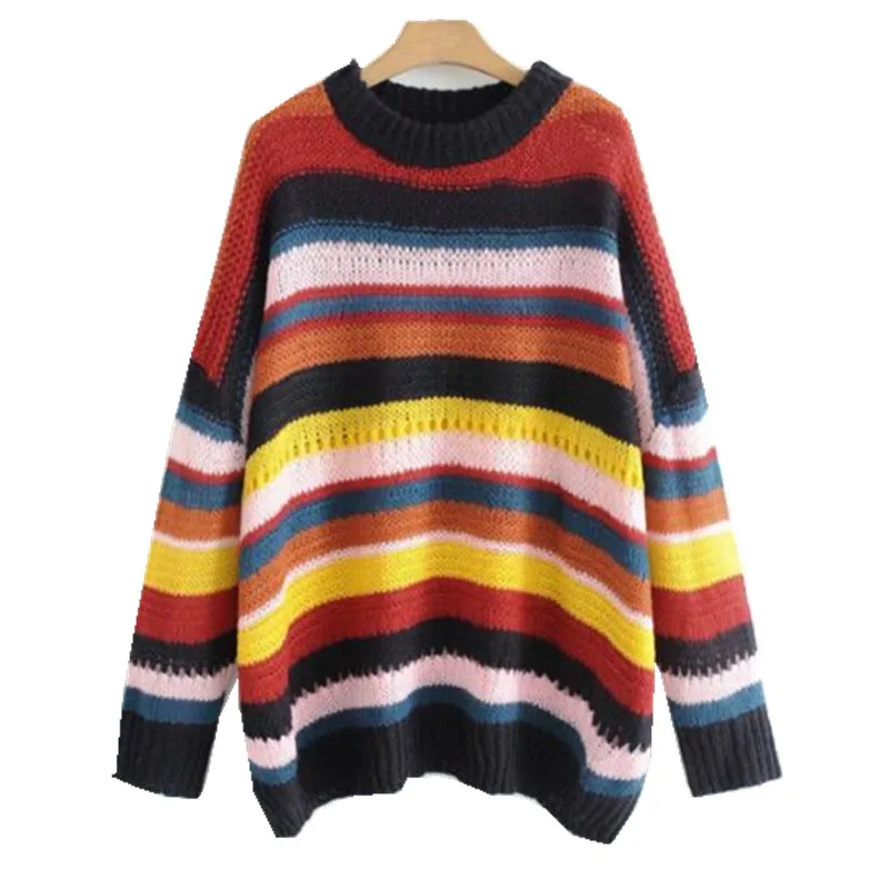 Chic Contrast Colored Rainbow Striped Sweater Women Knitted O neck