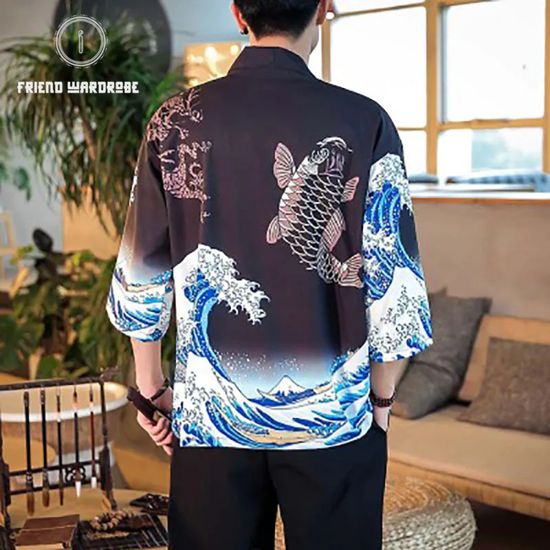 

Summer Streetwear Hip Hop Men Jackets Japanese Painted Robe Surf Kimono Men And Women Couple Loose Seven-Point Sleeve Cloak Coat