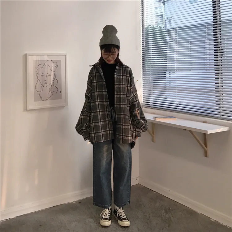 Harajuku Outono Xadrez Seção Fina lã Cardigan Coreano Puff Manga Magro Camisa Quente Jaqueta Retro Casual Feminino Botão Superior 2019 10 2019 harajuku outono xadrez seção fina lã