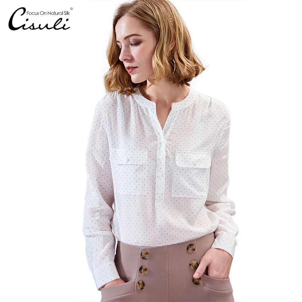

CISULI 100% Mulberry Silk Crepe Shirt Polka Dot Blouse Ladies Natural Silk Crepe Blouses Women Long Sleeve White Blouse PlusSize