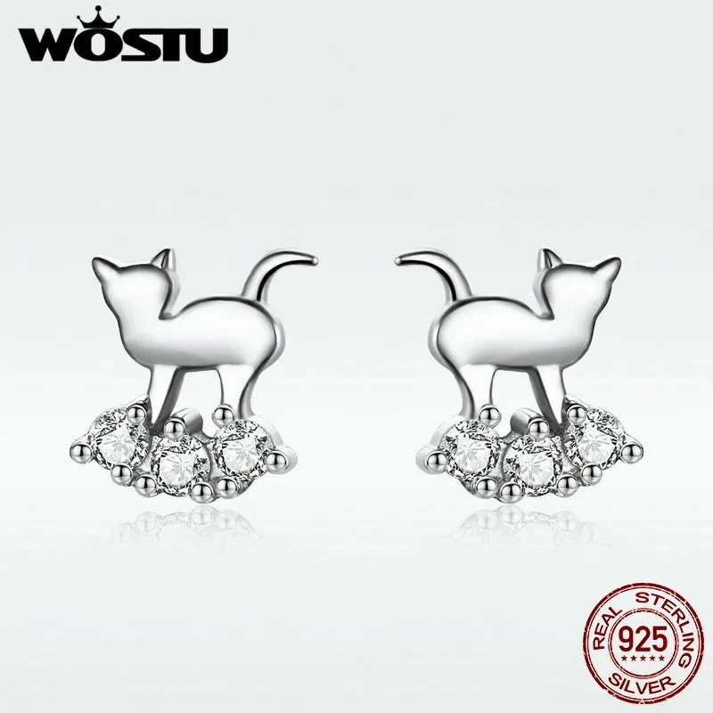 WOSTU Настоящее серебро 925 проба очаровательные серьги с кошками Кристалл Циркон миниатюрные серьги-гвоздики для женщин Свадебные обручальные ювелирные изделия DXE537