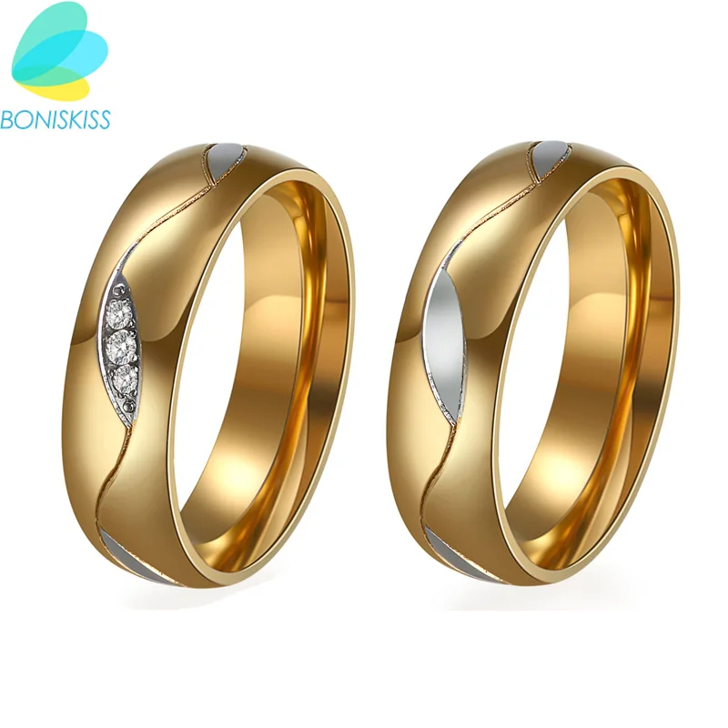 Boniskiss Wedding Ring For Women/Men Gold Color Love Engagement Couple Stainless Steel Lovers Ring Jewelry New Anniversary Gift