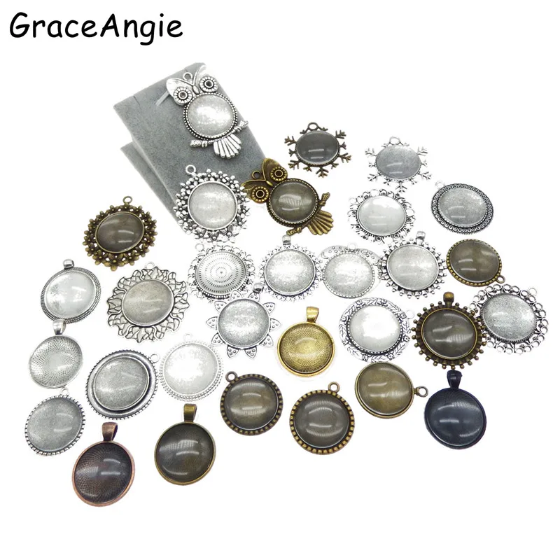 

10Set Mix Color Inner 25mm Cabochon Setting Tray Blank Pendant with Glass Cover Cabochons Cameo Glass Cabochon Silver Bronze
