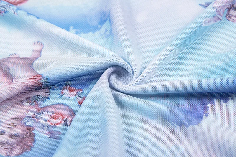 Harajuku viantge ins Горячая небесно-голубая сетка Купидон Ангел шаблон печати с длинным рукавом Водолазка сетки женские боди YQ-917