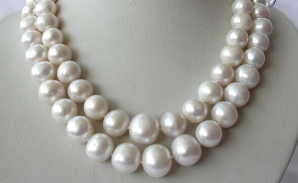 

Jewelr 005299 stunning 2rows big 14mm round white freshwater cultured pearl necklace