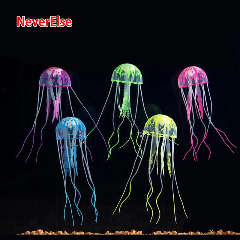 

Jellyfish Ornament Decoration Aquarium Fish Tank Accessories Glow In The Dark with Line & Suction Silicone 3Sizes(Random Color)