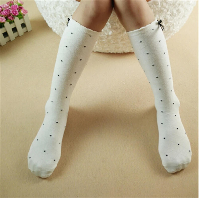 

1Pair Princess Dancing Lace Bowknot Knee-high Girls Socks Knee Cotton Black White Dot Cotton Children Students Style Kids Socks