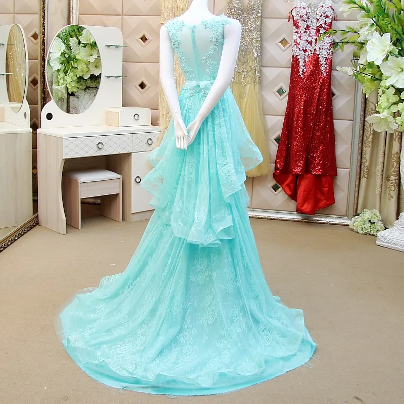 Vestido de festa бисером небесно-голубое кружево Длинные Сексуальная see through Назад Аппликации Лук Вечернее платье Мать невесты платья для женщин