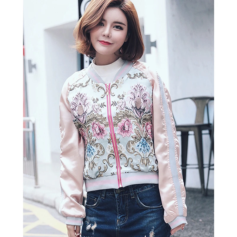 XINGYIDA Autumn Jacket Women 3D Flower Embroidery Satin Slim Short Bomber Jacket Women 2017 Streetwear Outerwear Basic Jackets