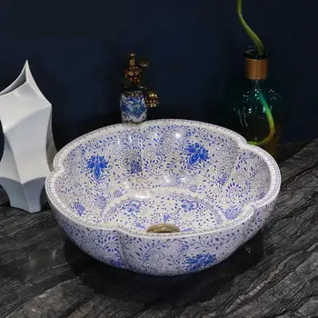 

Round Jingdezhen factory directly art hand painted ceramic wash basin bathroom sinks bowl flower blue and white