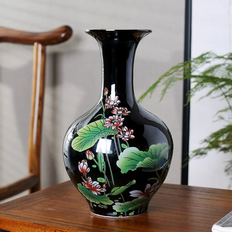 Classical Chinese Style Colored Glaze Lotus Black Vase Ceramic Flower