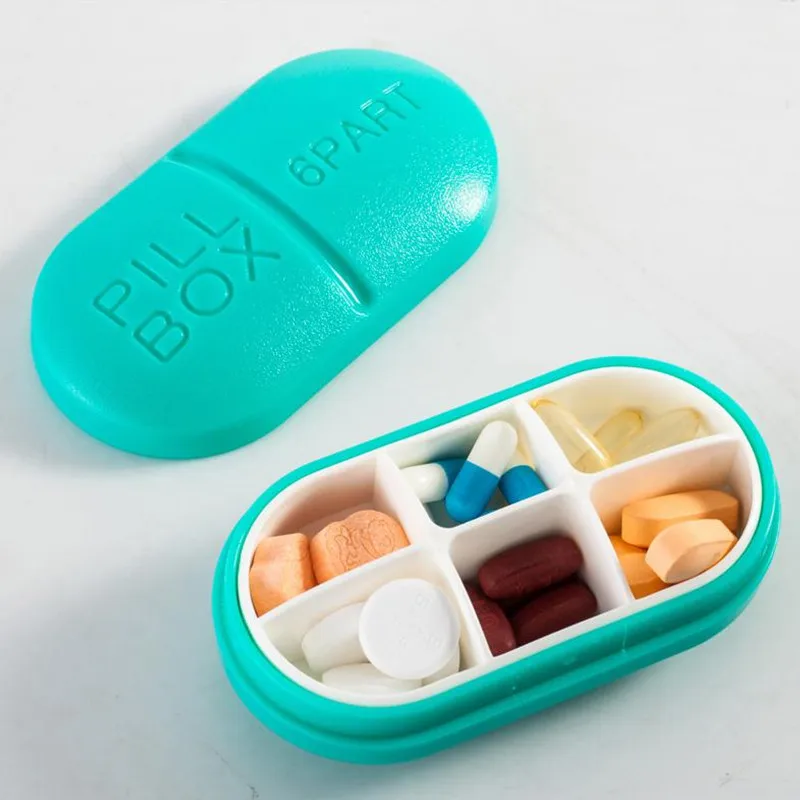 

Mini cute Pill case for Drugs blue pills splitters Medical box 6 Slots