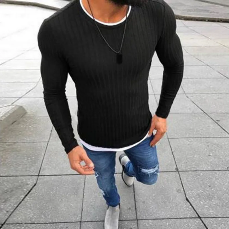 Laamei 2018 мужской осенний сексуальный обтягивающий лонгслив однотонный вязаный пуловер тонкий свитер с круглым вырезом облегающий свитер