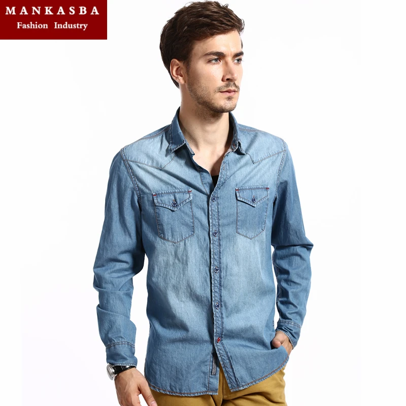 2015 Men's Distressed denim Pocket Denim Shirt Men Slim Fit casual Long