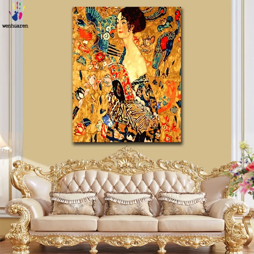 

DIY colorings pictures by numbers with colors Lady with Fan Gustav Klimt picture drawing painting by numbers framed Home