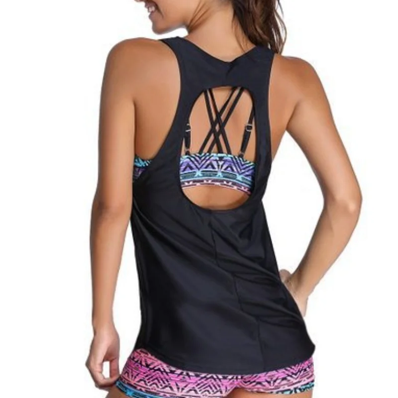 

Large Size S-6XL Bathers Women Retro Tankini Set Push Up Print 3pcs Bikinis Bathing Suit Summer Female Shorts Beach Swimwear