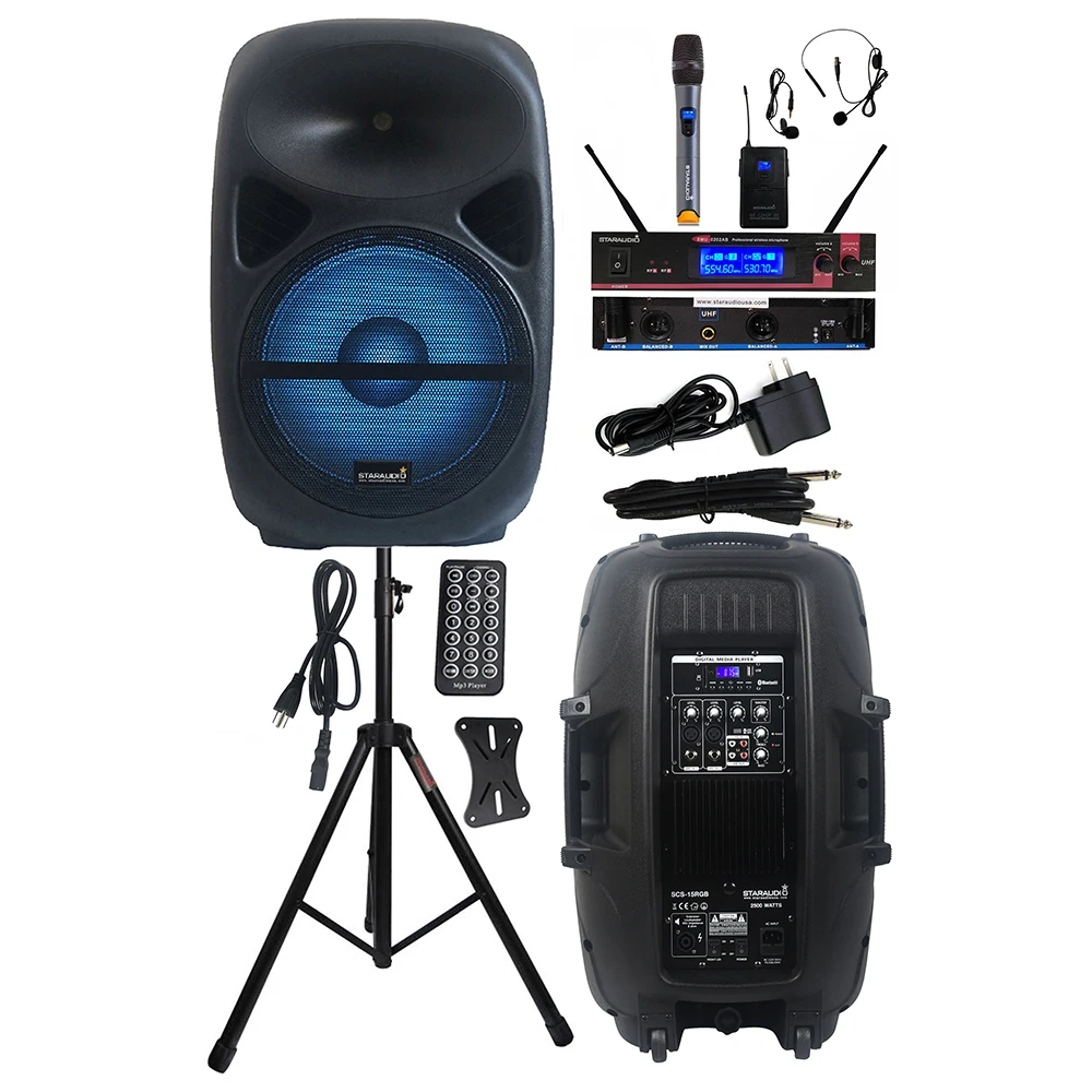 

STARAUDIO 15 Inch 2500W PA Audio Speaker Powered Karaoke DJ Speaker Stand 2 Channel Wireless UHF Handheld Headset Mic SCS-15RGB