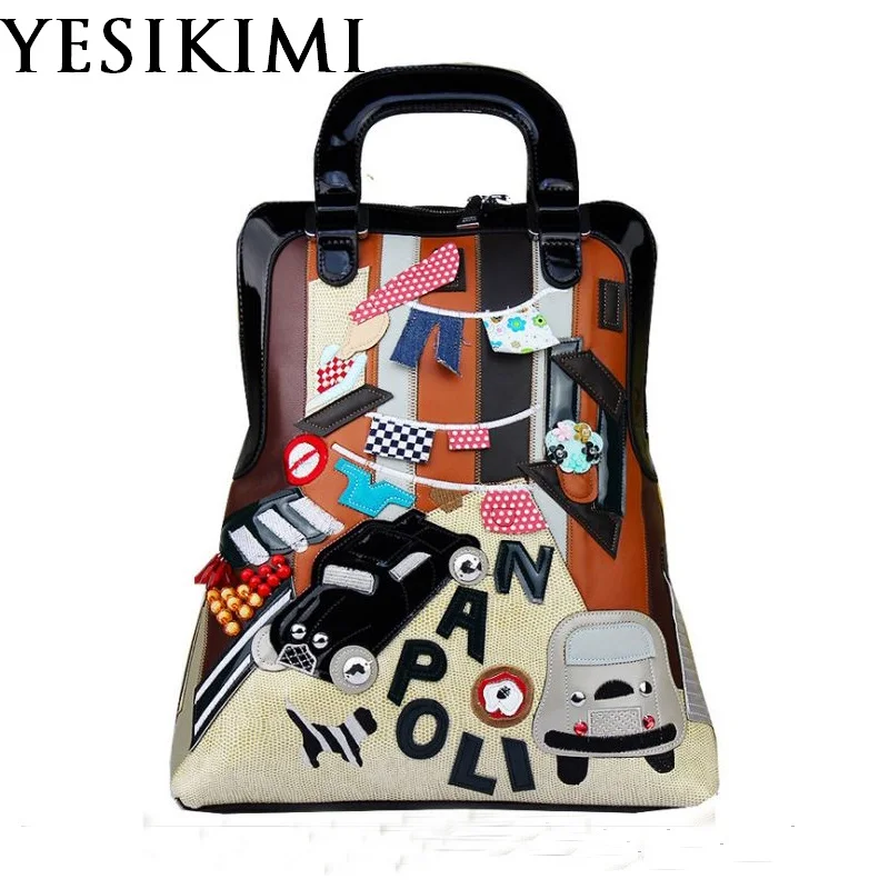

YESIKIMI Women Handbags Italian Designer Cartoon Patchwork Shoulder bag PU Leather Car NAPOLI Pattern Tote  Marca Bolsa