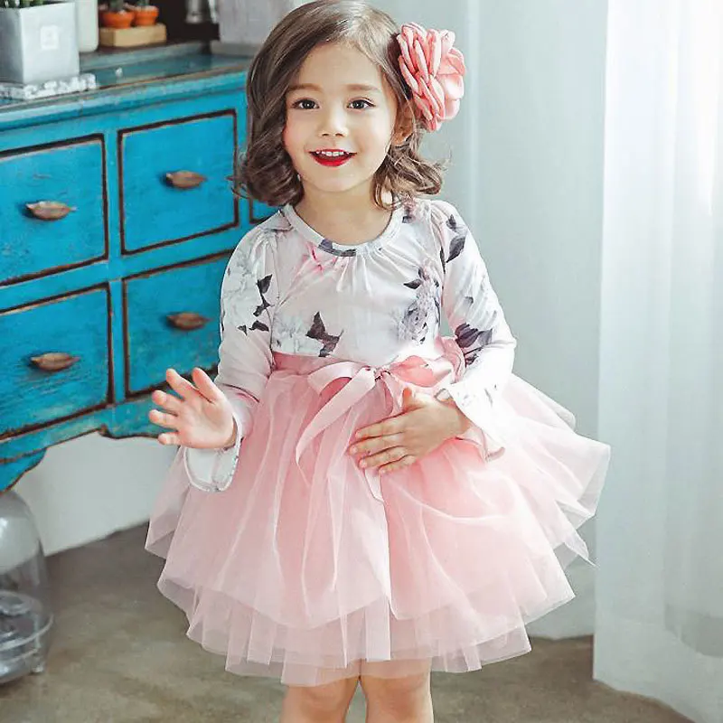 Baby Girl Clothes Flowers Print Girls Princess Dresses Spring Children Kids Dress for Flare Sleeve Ball Gown 3-7Y | Детская одежда и