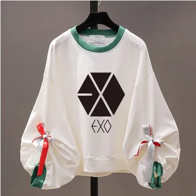 

kpop BTS Spring new Korean bow loose solid color hoodies female long-sleeved round neck lantern sleeve sweatshirts women clothes