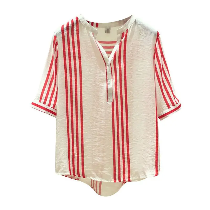 

Summer Vintage Sweet Simple Red Office Ladies Blouse Women Loose Stripe Blue Button Retro 2019 Elegant Female Shirts Sexy Tops