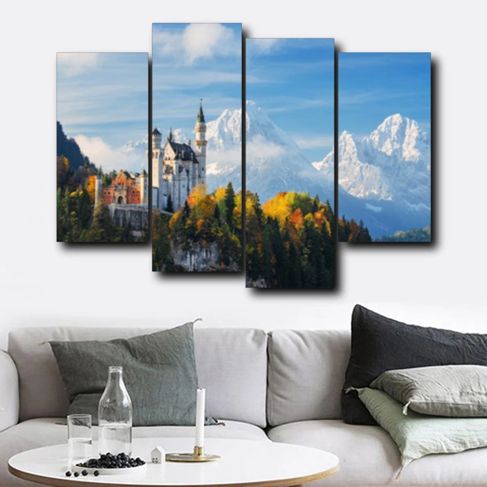 

Laeacco 4 Panel Winter Castle Outside Posters and Prints Wall Artwork Living Room Vintage Nordic Home Decoration Canvas Painting