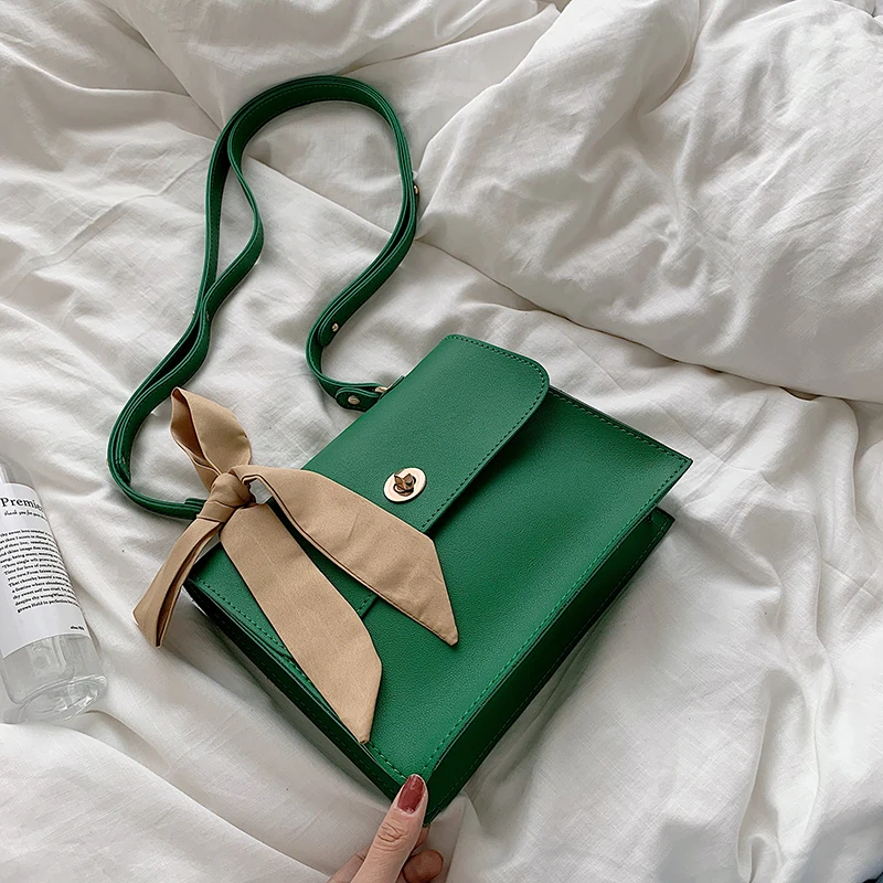 Elegant Female Ribbon Bow Flap Square bag New Quality PU Leather Women's Designer Handbag Travel Shoulder Messenger Bag - Color: green